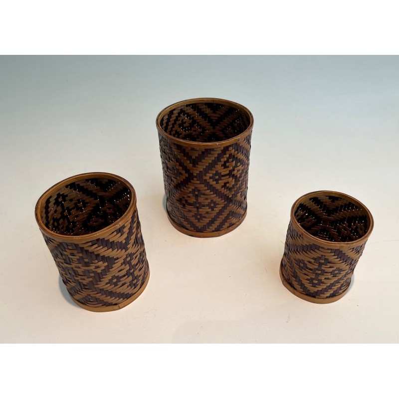 Set of Three Nesting Straw Marquetry Pen Pots, French Work, Circa 1930