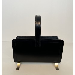 Black Leather and Gilt Metal Magazine Rack, in the Style of Jacques Adnet, French Work, Circa 1950