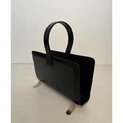 Black Leather and Gilt Metal Magazine Rack, in the Style of Jacques Adnet, French Work, Circa 1950