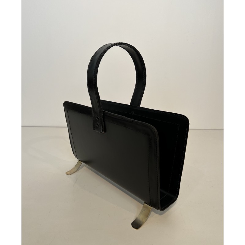 Black Leather and Gilt Metal Magazine Rack, in the Style of Jacques Adnet, French Work, Circa 1950