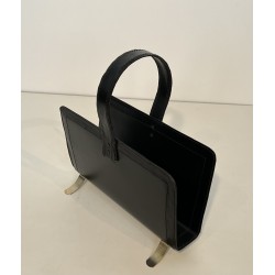 Black Leather and Gilt Metal Magazine Rack, in the Style of Jacques Adnet, French Work, Circa 1950