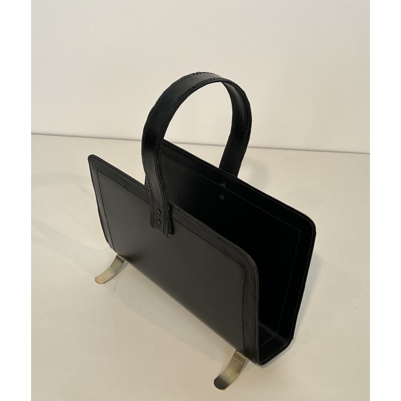Black Leather and Gilt Metal Magazine Rack, in the Style of Jacques Adnet, French Work, Circa 1950