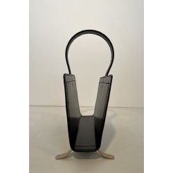 Black Leather and Gilt Metal Magazine Rack, in the Style of Jacques Adnet, French Work, Circa 1950