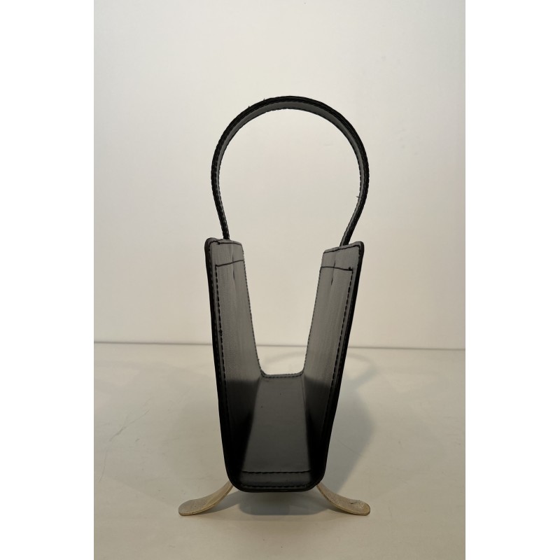 Black Leather and Gilt Metal Magazine Rack, in the Style of Jacques Adnet, French Work, Circa 1950