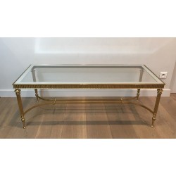 Table Basse de Style Néoclassique en Laiton, Plateau de Verre Bordé Miroir, Travail Français, Vers 1970
