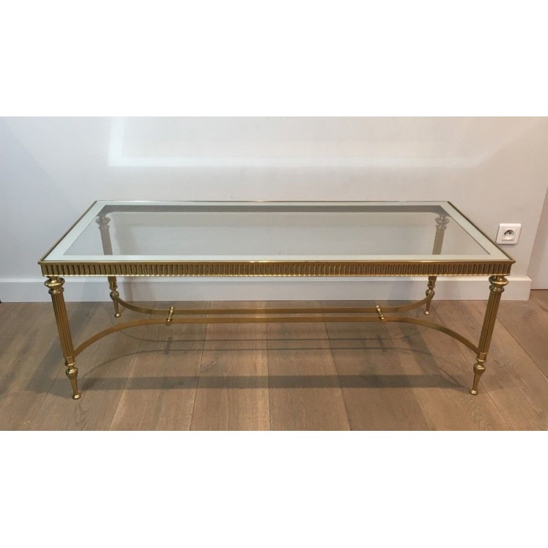 Table Basse de Style Néoclassique en Laiton, Plateau de Verre Bordé Miroir, Travail Français, Vers 1970