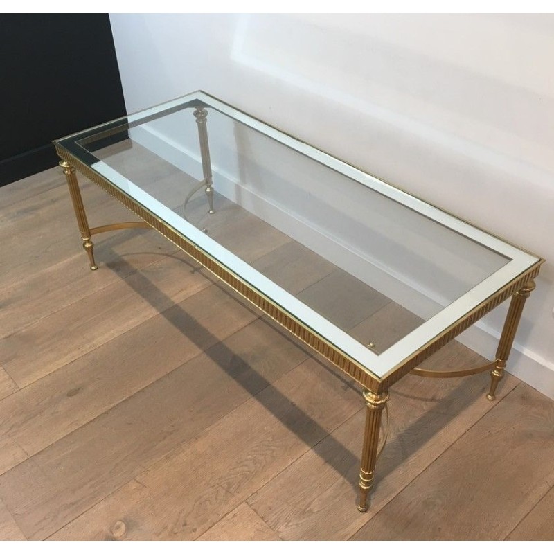 Table Basse de Style Néoclassique en Laiton, Plateau de Verre Bordé Miroir, Travail Français, Vers 1970