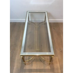 Neoclassical Style Brass Coffee Table with Glass Top and Mirrored Border, French Work, Circa 1970