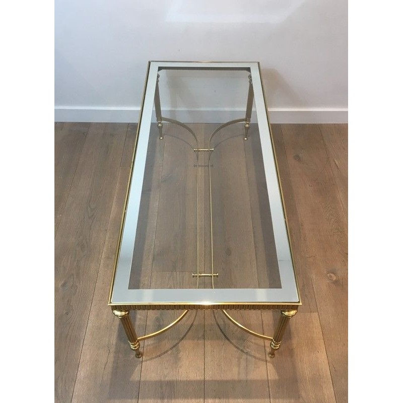 Table Basse de Style Néoclassique en Laiton, Plateau de Verre Bordé Miroir, Travail Français, Vers 1970