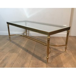 Neoclassical Style Brass Coffee Table with Glass Top and Mirrored Border, French Work, Circa 1970