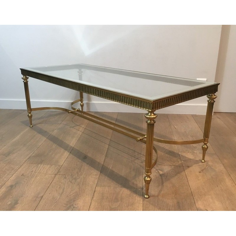 Neoclassical Style Brass Coffee Table with Glass Top and Mirrored Border, French Work, Circa 1970