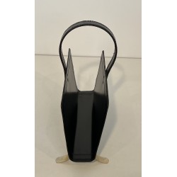 Black Leather and Gilt Metal Magazine Rack, in the Style of Jacques Adnet, French Work, Circa 1950