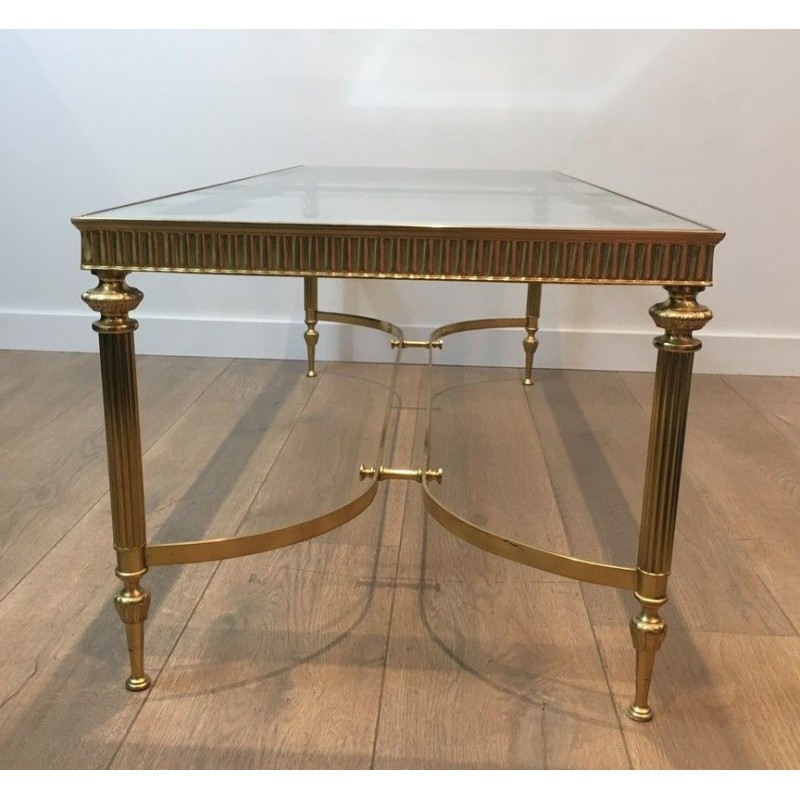 Table Basse de Style Néoclassique en Laiton, Plateau de Verre Bordé Miroir, Travail Français, Vers 1970