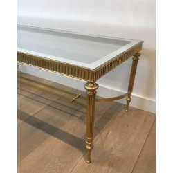 Neoclassical Style Brass Coffee Table with Glass Top and Mirrored Border, French Work, Circa 1970