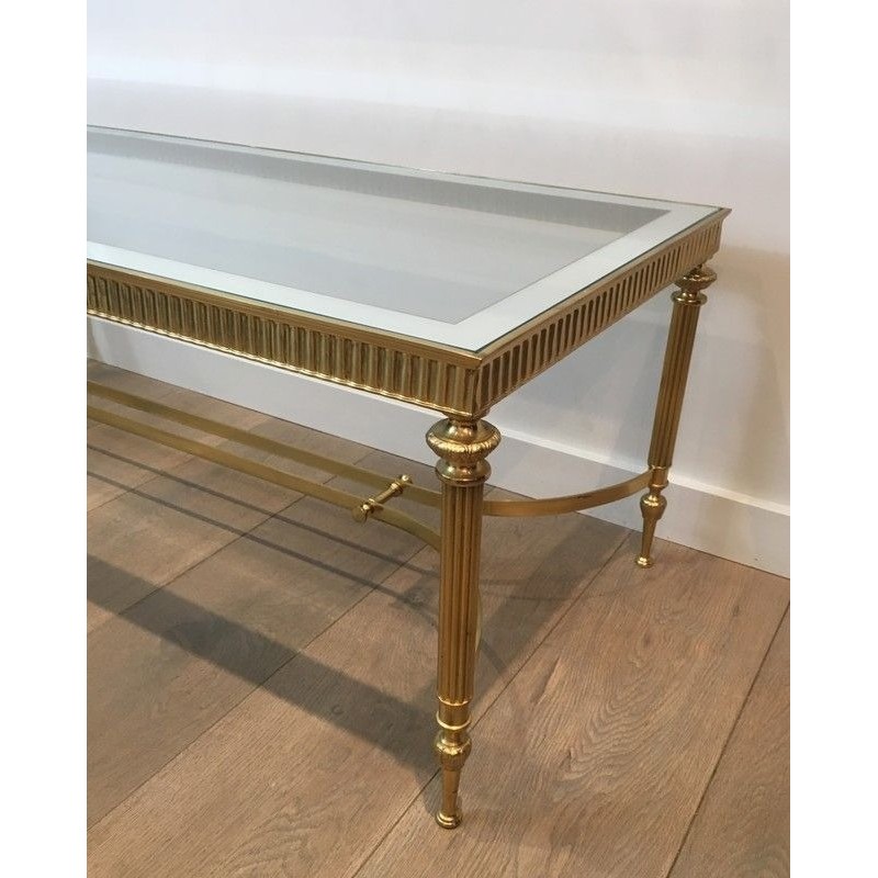 Table Basse de Style Néoclassique en Laiton, Plateau de Verre Bordé Miroir, Travail Français, Vers 1970