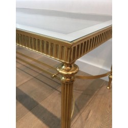 Neoclassical Style Brass Coffee Table with Glass Top and Mirrored Border, French Work, Circa 1970