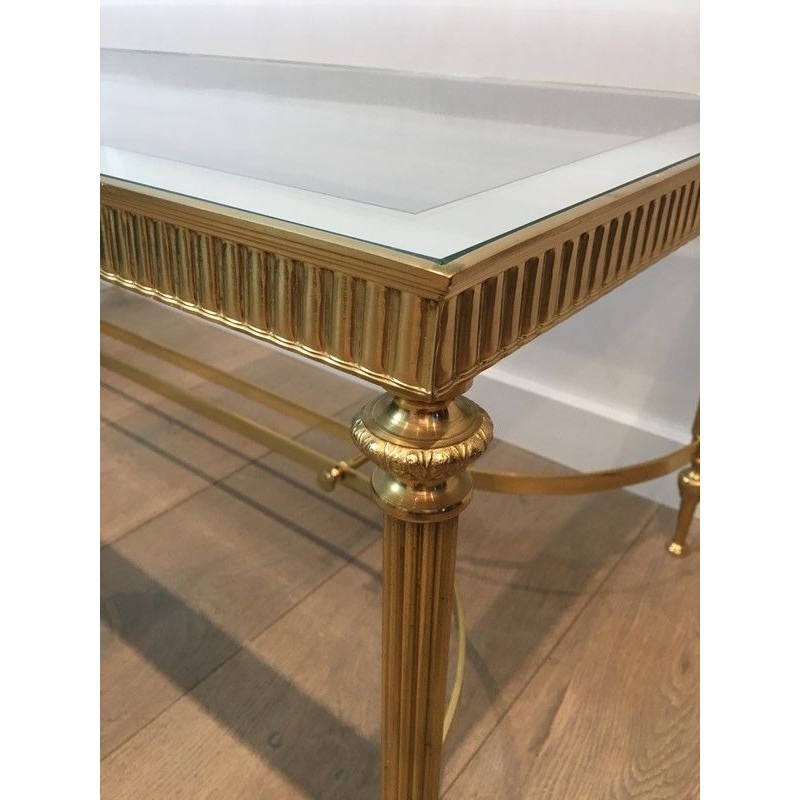 Table Basse de Style Néoclassique en Laiton, Plateau de Verre Bordé Miroir, Travail Français, Vers 1970