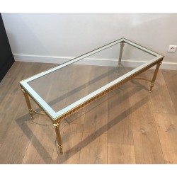 Neoclassical Style Brass Coffee Table with Glass Top and Mirrored Border, French Work, Circa 1970