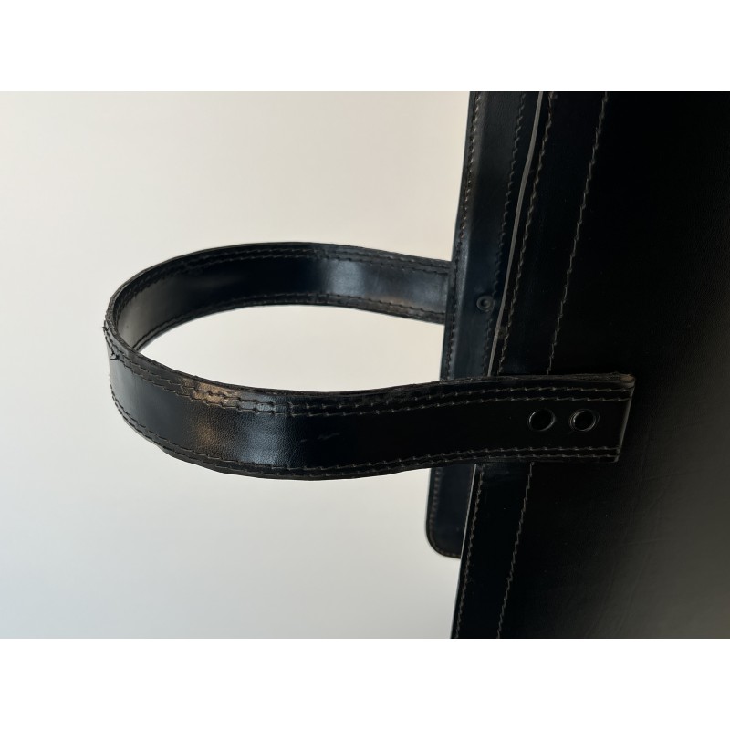 Black Leather and Gilt Metal Magazine Rack, in the Style of Jacques Adnet, French Work, Circa 1950