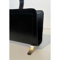 Black Leather and Gilt Metal Magazine Rack, in the Style of Jacques Adnet, French Work, Circa 1950