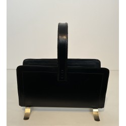 Black Leather and Gilt Metal Magazine Rack, in the Style of Jacques Adnet, French Work, Circa 1950
