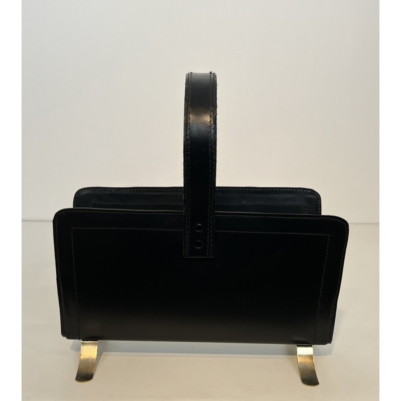 Black Leather and Gilt Metal Magazine Rack, in the Style of Jacques Adnet, French Work, Circa 1950