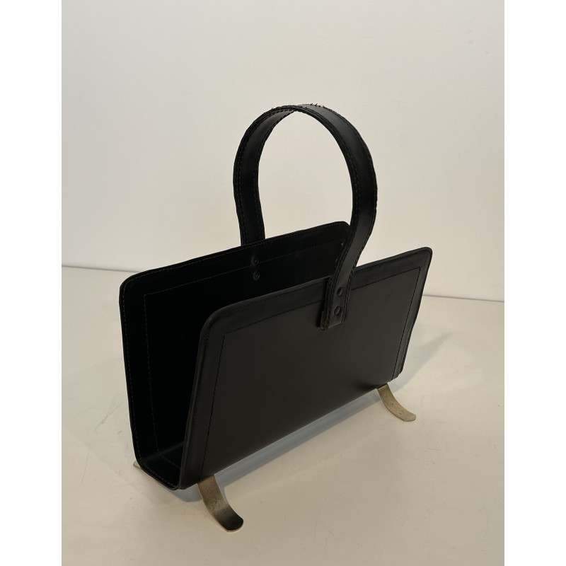 Black Leather and Gilt Metal Magazine Rack, in the Style of Jacques Adnet, French Work, Circa 1950