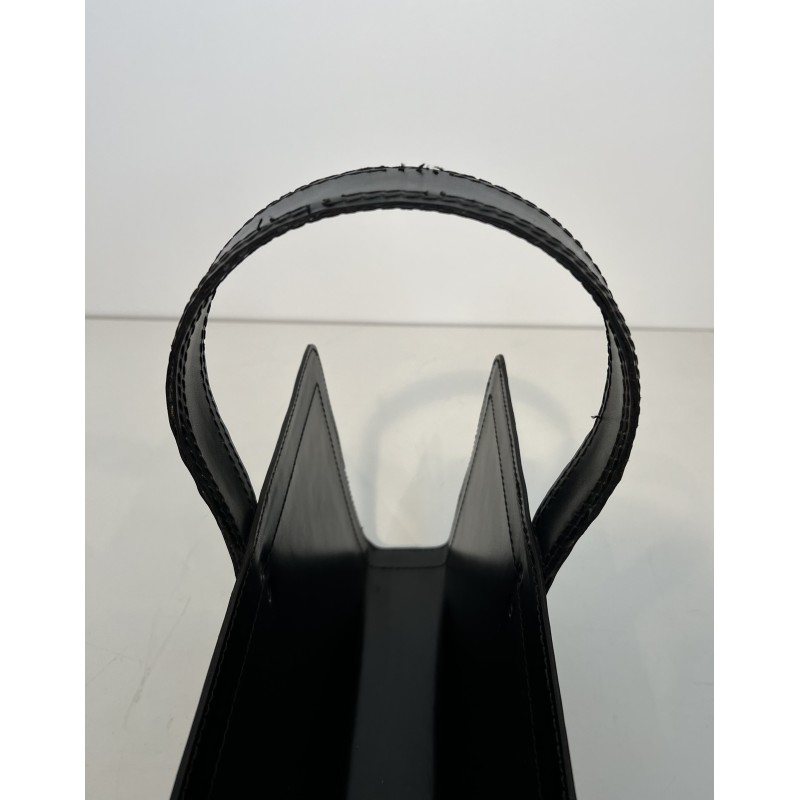 Black Leather and Gilt Metal Magazine Rack, in the Style of Jacques Adnet, French Work, Circa 1950