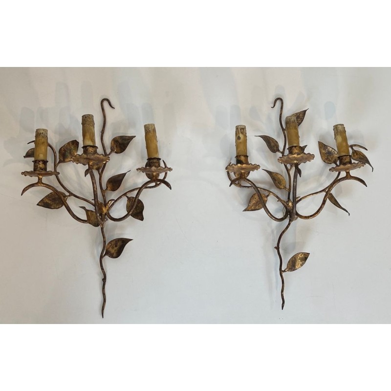 Pair of Gilt Metal Three-Arm Wall Sconces with Leaf Décor | French Work, circa 1970
