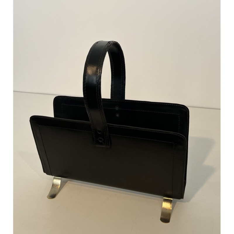 Black Leather and Gilt Metal Magazine Rack, in the Style of Jacques Adnet, French Work, Circa 1950