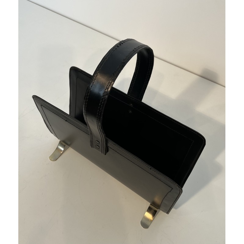 Porte-Revues en Cuir Noir et Métal Doré dans le goût de Jacques Adnet