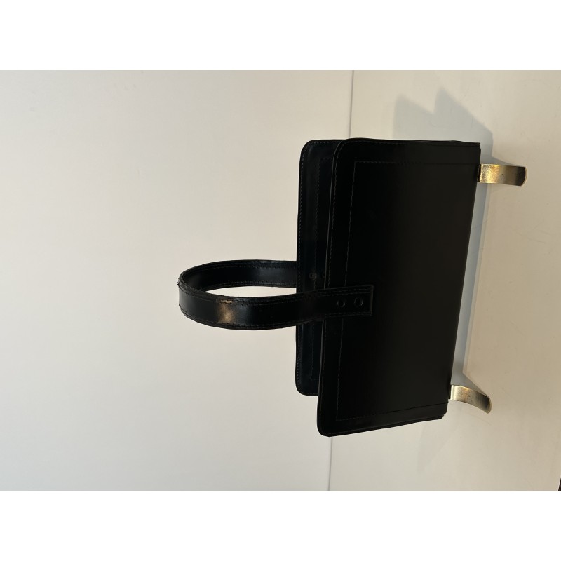 Black Leather and Gilt Metal Magazine Rack, in the Style of Jacques Adnet, French Work, Circa 1950