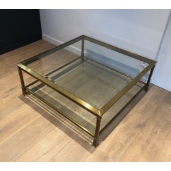 Table Basse Carrée en Acier Patiné Doré, Travail Français, Vers 1970
