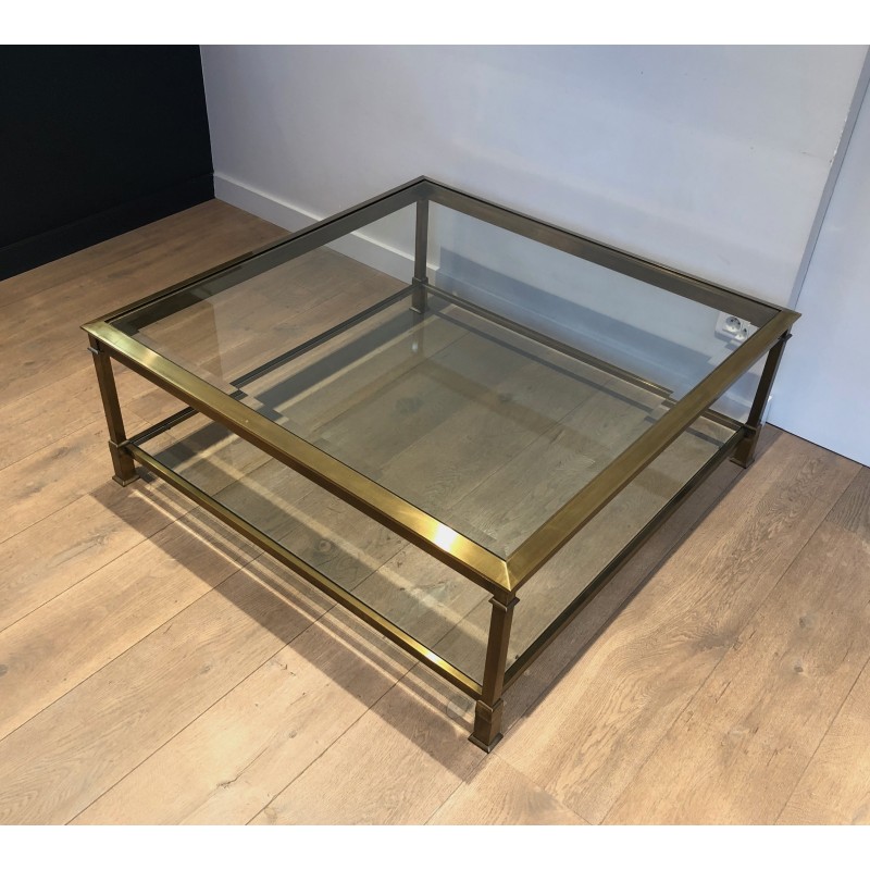 Table Basse Carrée en Acier Patiné Doré, Travail Français, Vers 1970