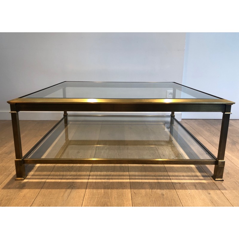 Gold Patinated Steel Square Coffee Table, French Work, Circa 1970