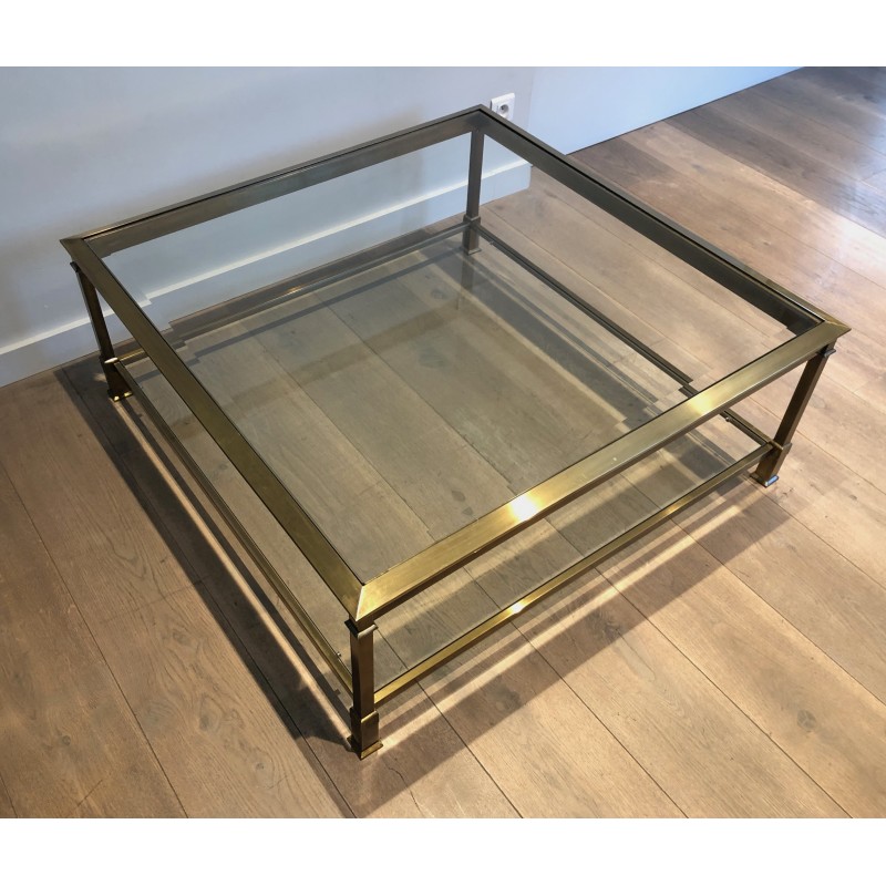 Table Basse Carrée en Acier Patiné Doré, Travail Français, Vers 1970