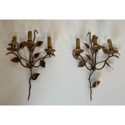 Pair of Gilt Metal Three-Arm Wall Sconces with Leaf Décor | French Work, circa 1970