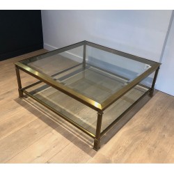 Table Basse Carrée en Acier Patiné Doré, Travail Français, Vers 1970