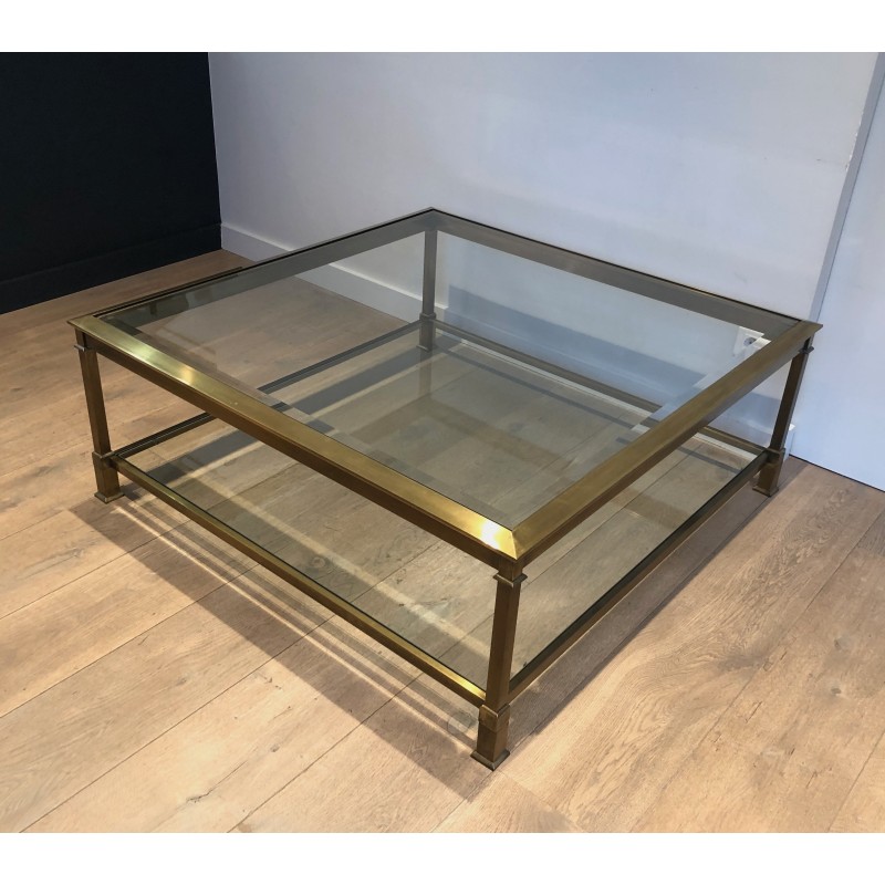 Gold Patinated Steel Square Coffee Table, French Work, Circa 1970