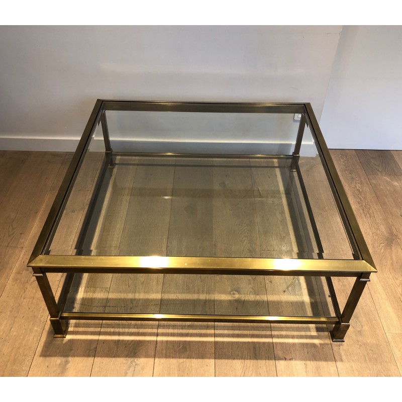 Table Basse Carrée en Acier Patiné Doré, Travail Français, Vers 1970