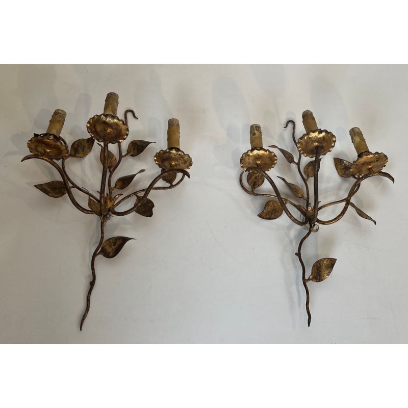Pair of Gilt Metal Three-Arm Wall Sconces with Leaf Décor | French Work, circa 1970