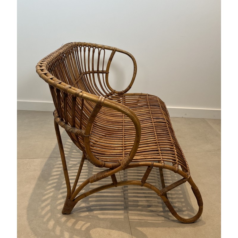 Design Rattan Bench, French Work, Circa 1950