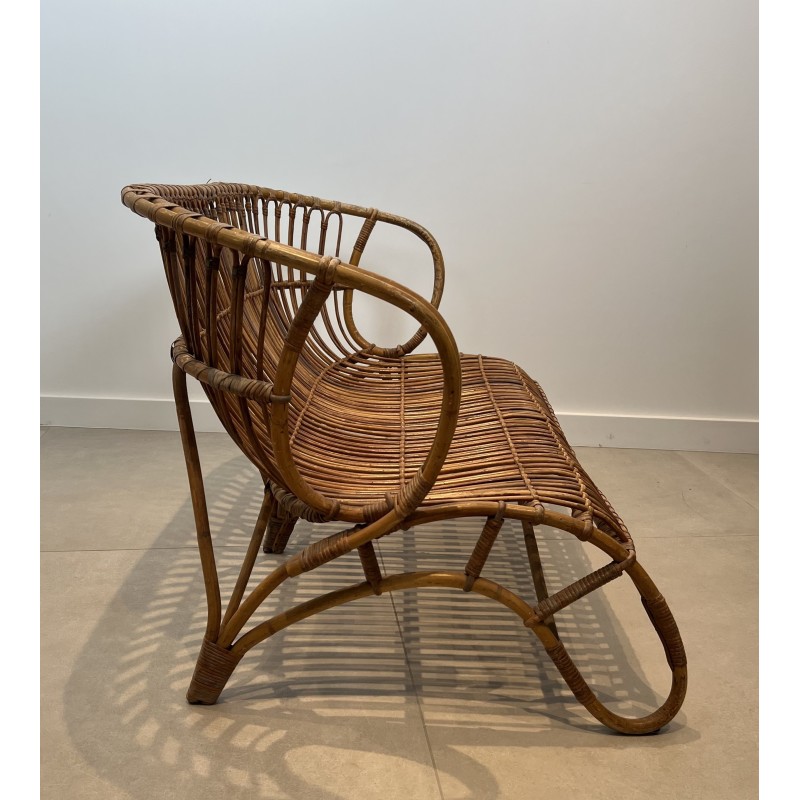 Design Rattan Bench, French Work, Circa 1950