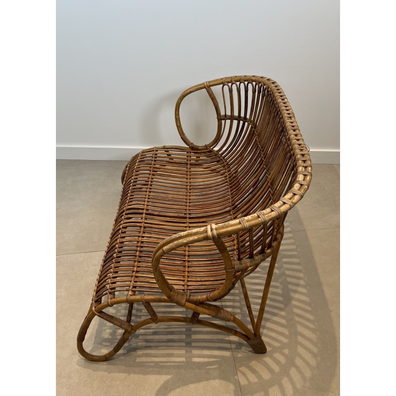Design Rattan Bench, French Work, Circa 1950