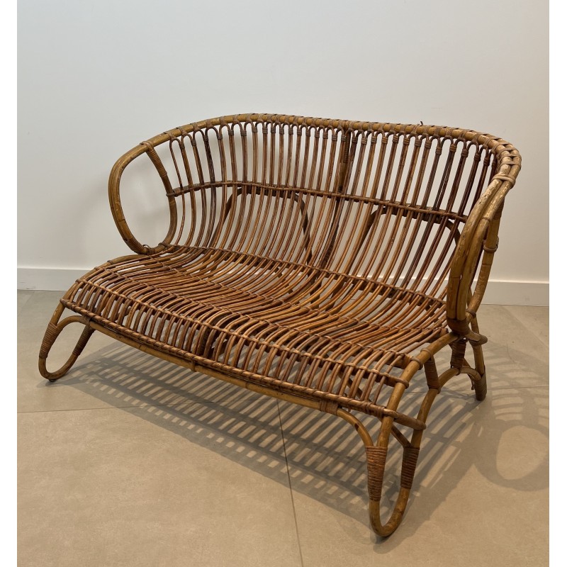 Design Rattan Bench, French Work, Circa 1950