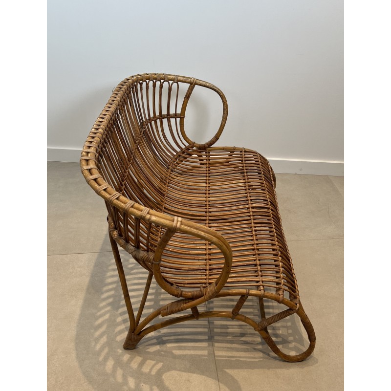 Design Rattan Bench, French Work, Circa 1950
