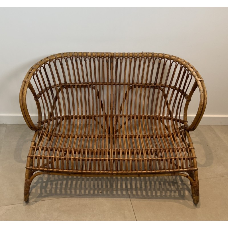 Design Rattan Bench, French Work, Circa 1950