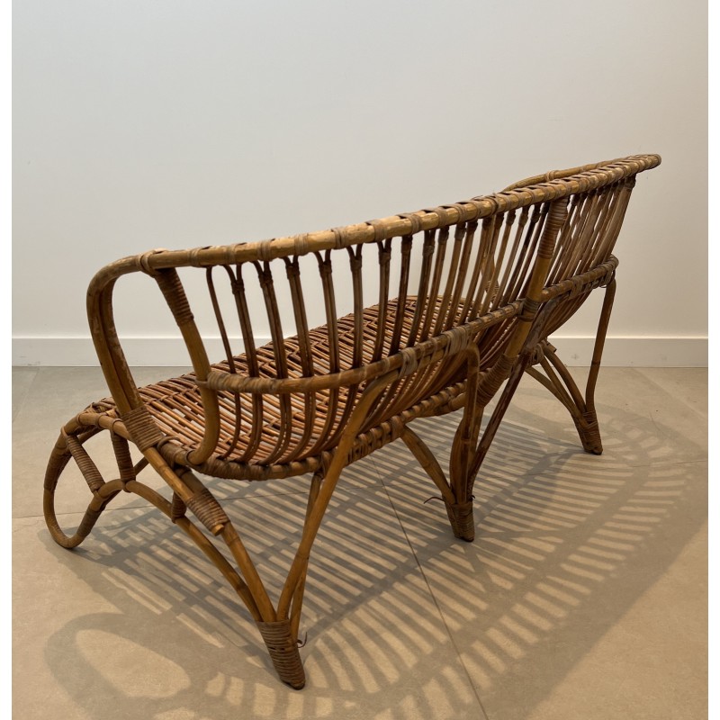 Design Rattan Bench, French Work, Circa 1950