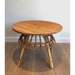 Table Basse Ronde en Rotin, Attribuée à Audoux-Minet, Travail Français, Vers 1950