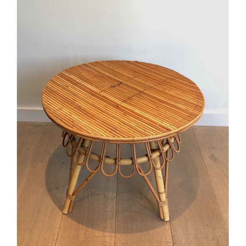 Round Rattan Coffee Table, Attributed to Audoux-Minet, French Work, Circa 1950